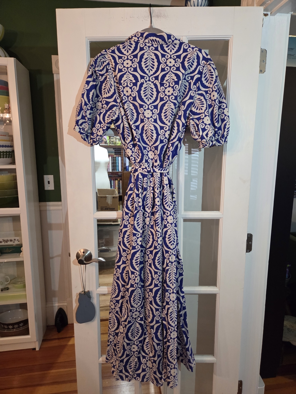 Boden Blue Printed Short-Sleeve Maxi Dress with Tie Waist - Size 14R - Picture 3 of 10